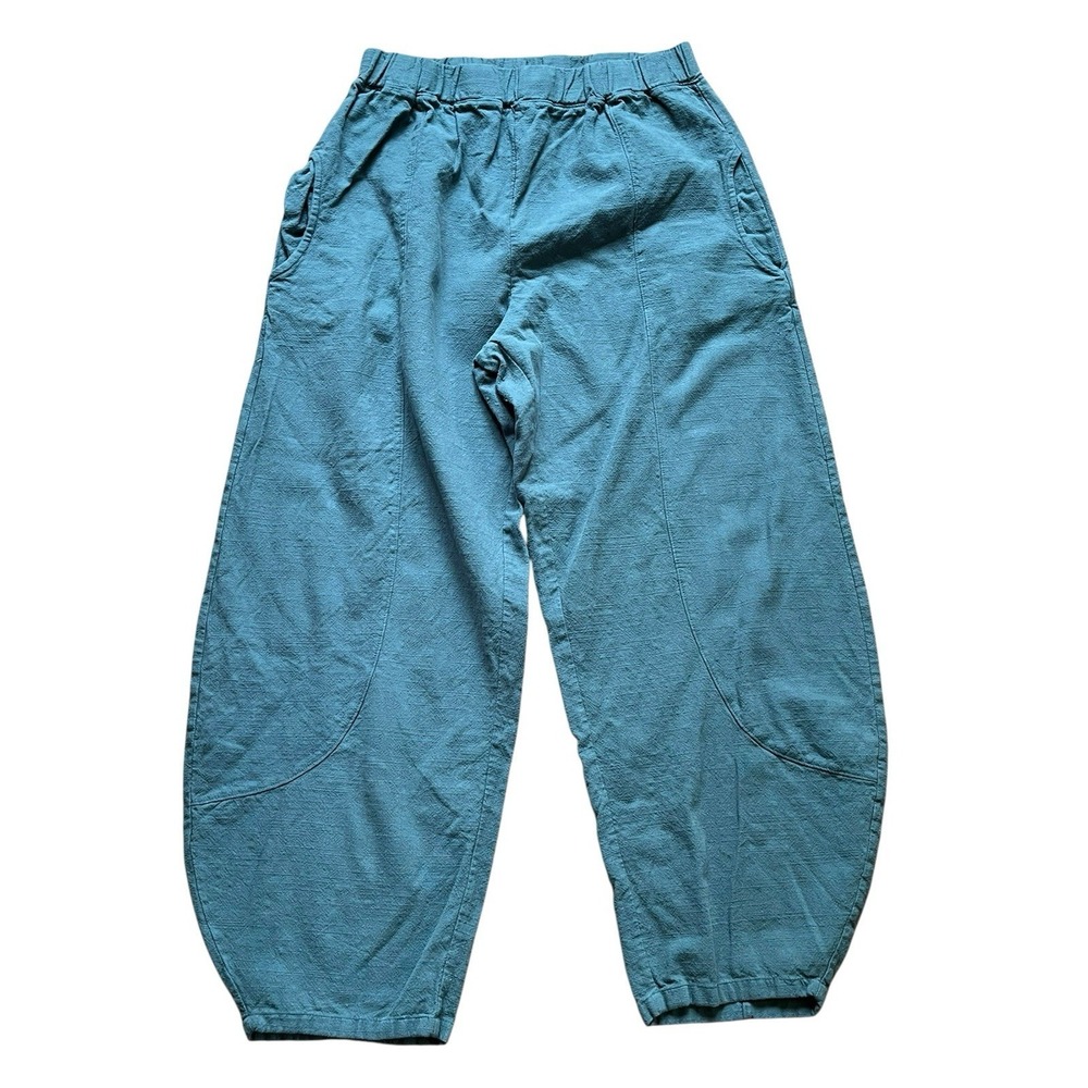 IXIMO Linen Blend Wide Leg Barrel Pants Blue Textured Lagenlook Balloon, Large